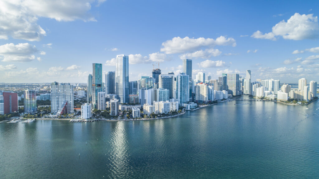brickell key, cityscape by air in miami.